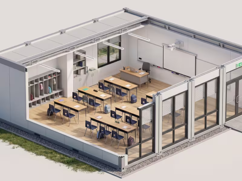 Intérieur aménagé d'une salle de classe modulaire